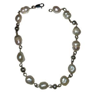 Sterling Silver Pearl Diamond Cut Bead Bracelet